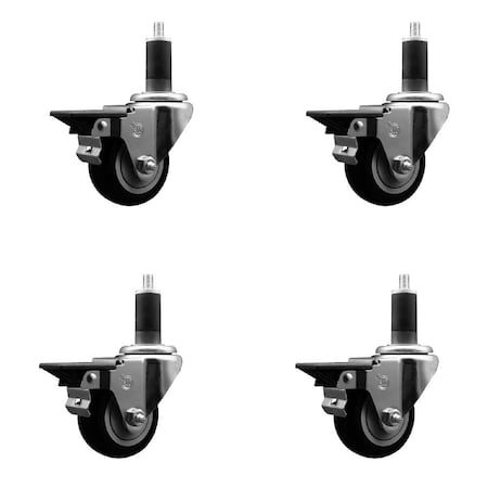 Service Caster 3'' Black Poly Swivel 1-1/4'' Expanding Stem Caster Set with Brake, 4PK SCC-EX20S314-PPUB-BLK-PLB-114-4